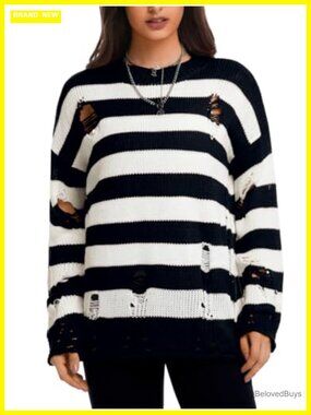Oversized Ripped Striped Grunge Sweater Distressed Knit Pullover
